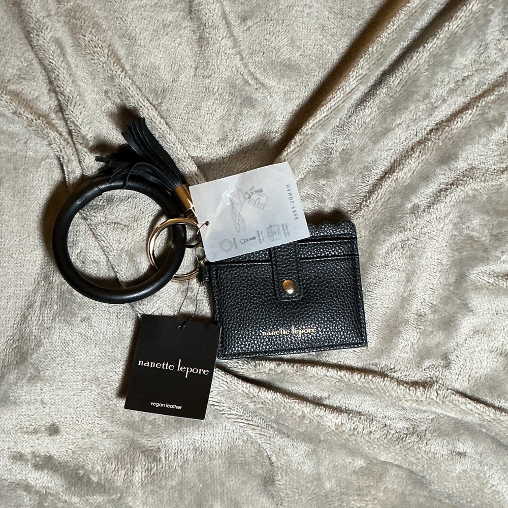 Nanette Lepore Black Textured Cardholder Wristlet Keyring with Tassel